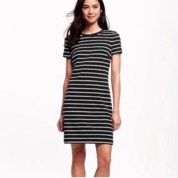 Old Navy black & white stripe shift tee stretch dress size M - Picture 1 of 7